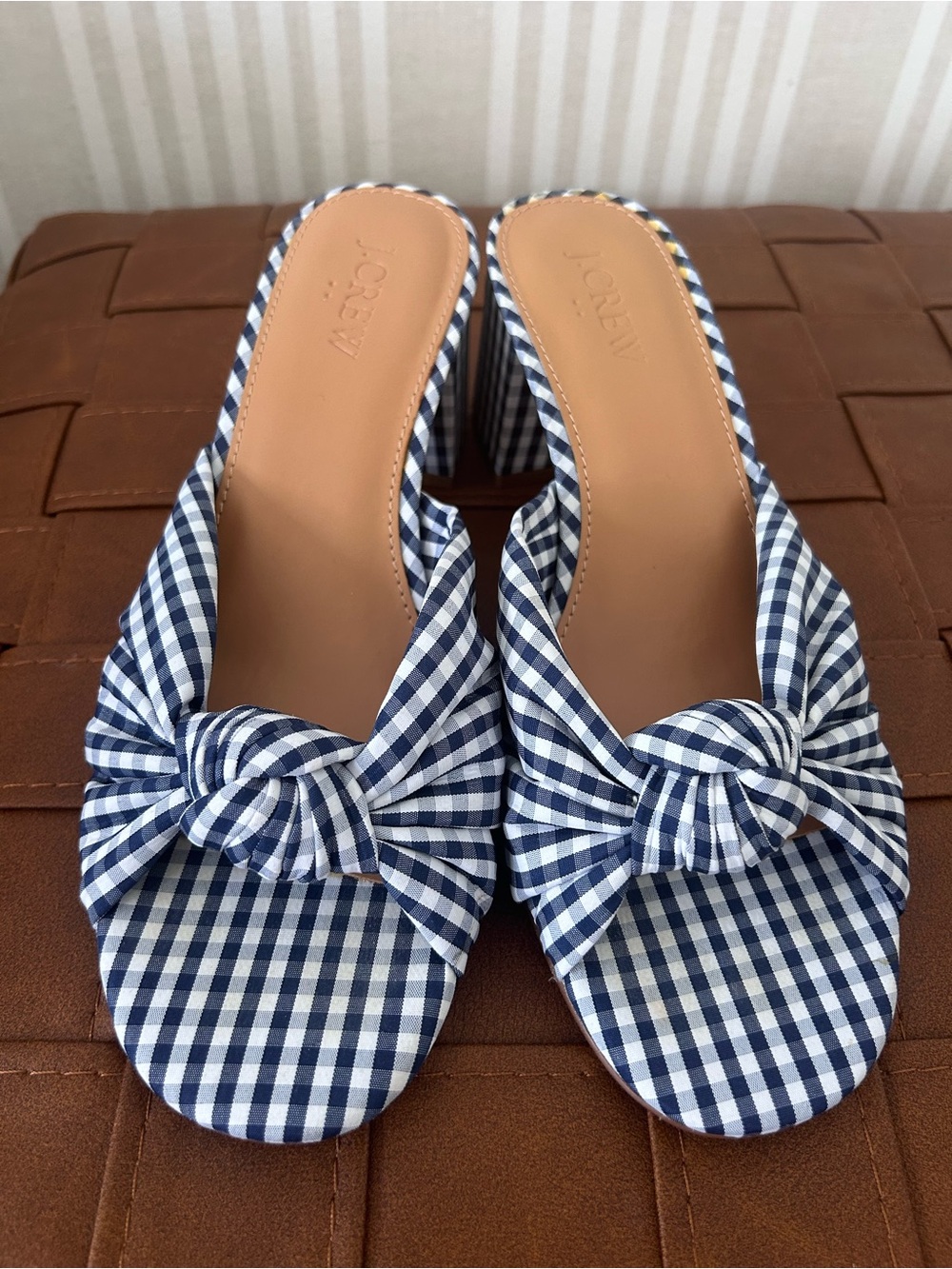 J.Crew Knotted Block-Heel Mule Sandals Gingham Navy/White Fabric Women’s Size 7 - Picture 5 of 11